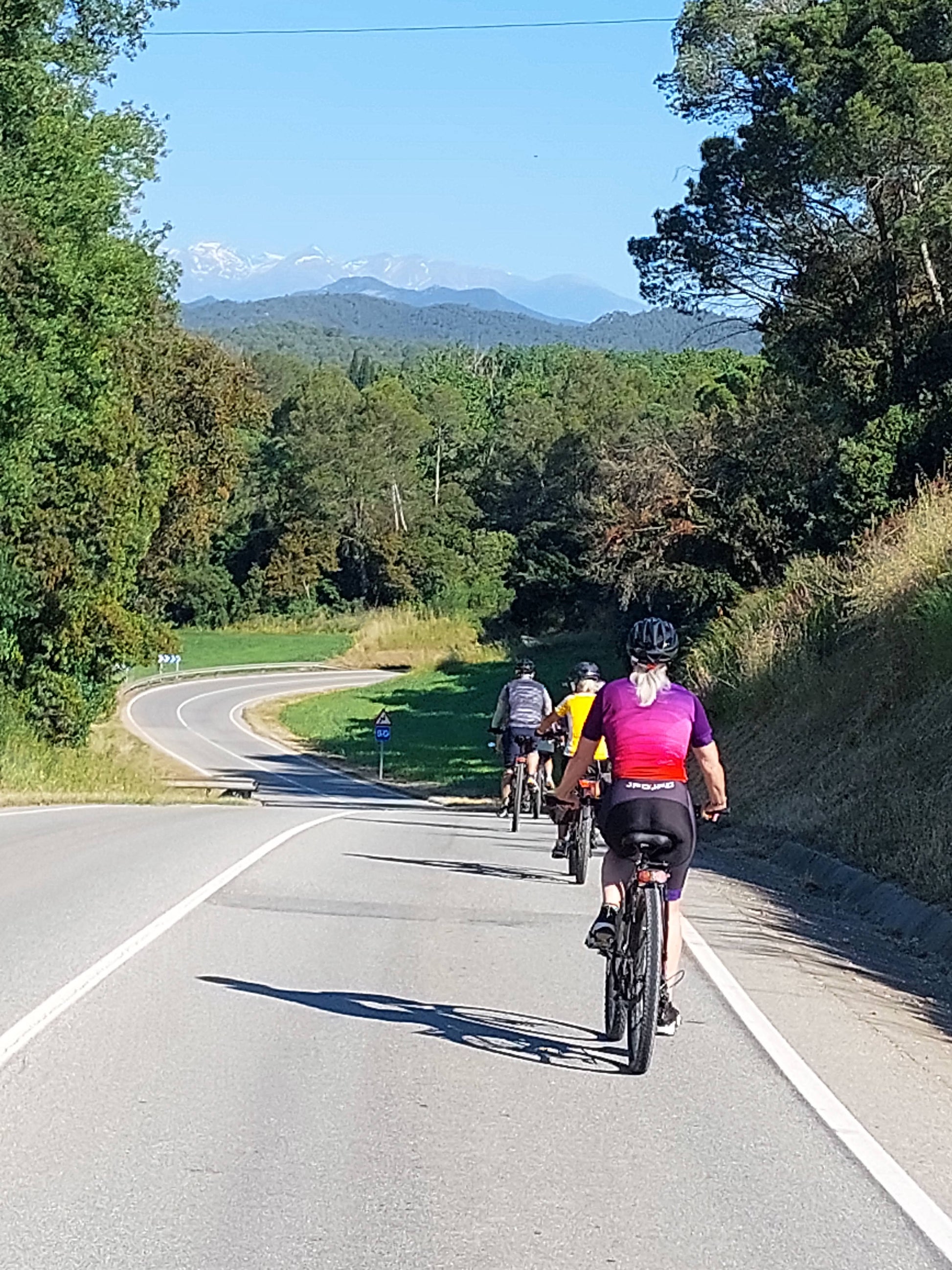 Cyclists riding down an empty road with trees, snow capped Pyrenees and blue sky in the background